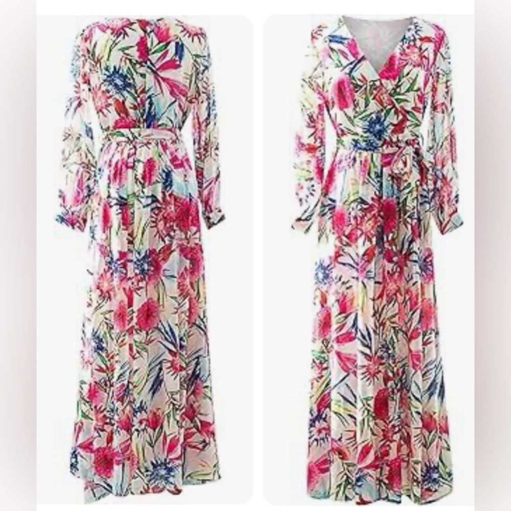 💥ASNTRGD Women Fashion V Neck Long Sleeve Floor Length Dress Leaves Flowy Dress